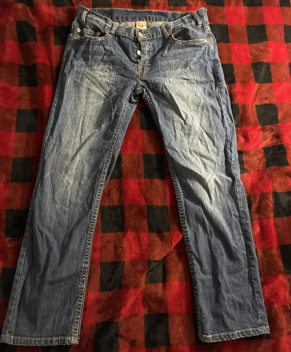 True Religion Mens vintage Straight Logan Medium Wash Blue Denim Jeans 38x33 USA
